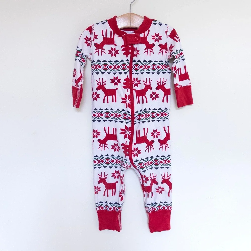 Hanna Andersson Sleeper Red Reindeer Fair Isle Holiday Romper Baby 9-12M